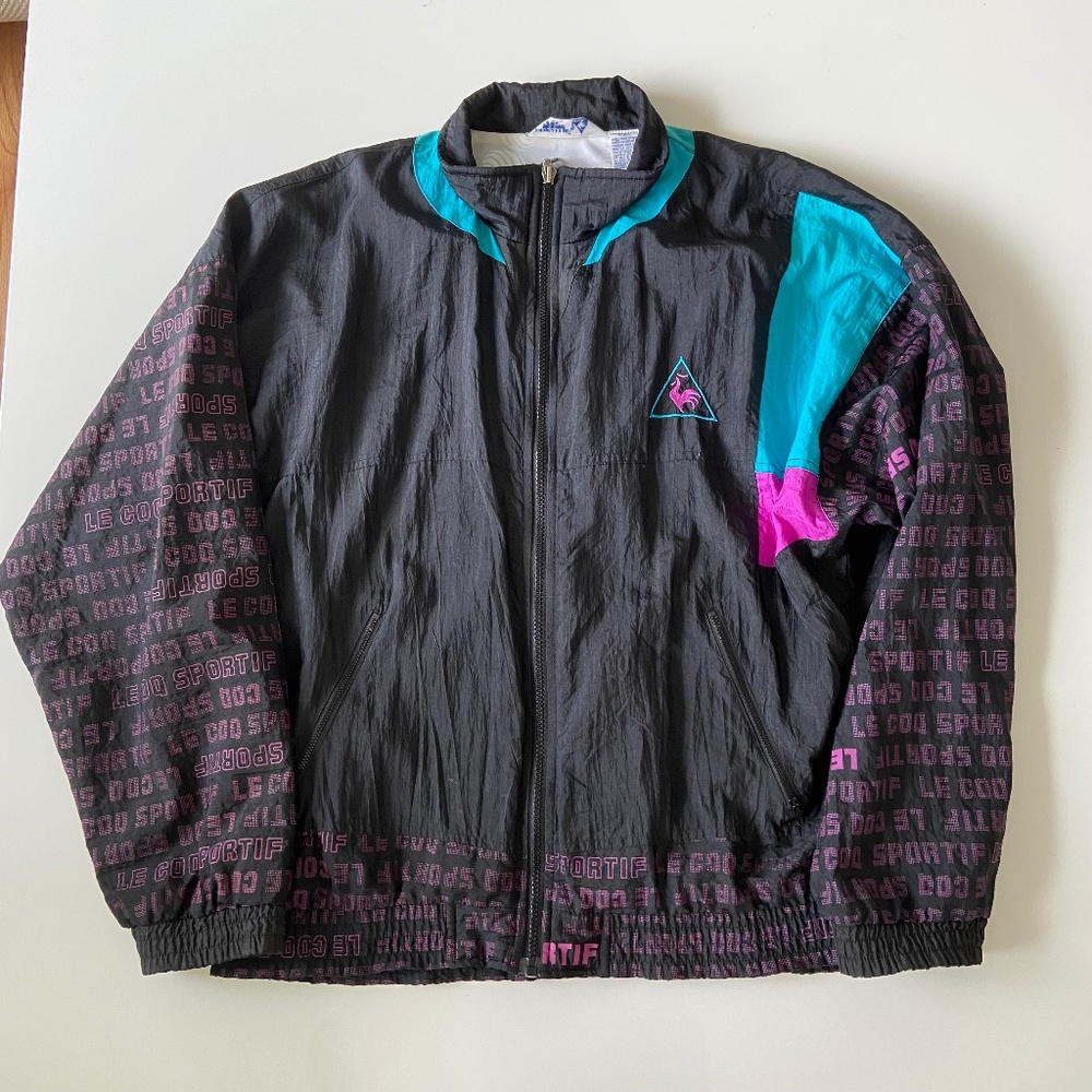 Vintage 90s Le Coq Sportif Zip Spell Out Logo Windbreaker Jacket Mens Medium